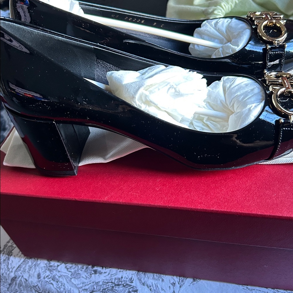 Never Worn -Salvatore Ferragamo Black Heels with Gold Accents - Picture 2 of 6